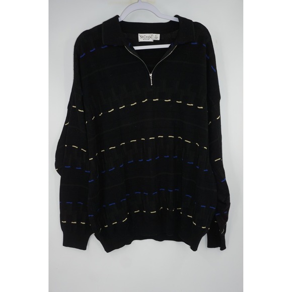 St Croix Knits Sweater Men's XL Black Quarter Zip Cotton Blend Knit Patterned‎